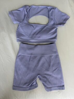 Ribbed Cutout Crop Sports Bra and High-Waist Bike Shorts Set - Lavender